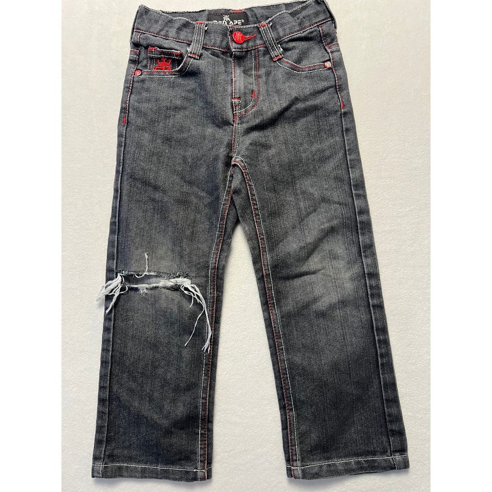 Y2K Red Ape 4T Jeans Streetwear Y2K Charcoal Gray Distressed Red Contrast Stitch